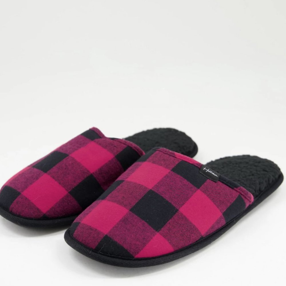 Hollister Sherpa Lined Slippers Large Sz. 9-10 Buffalo Check Plaid Red Black New